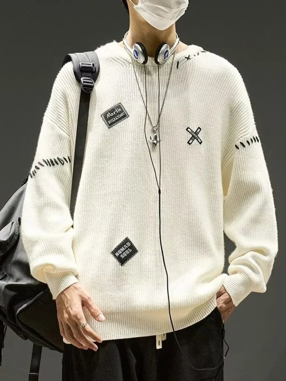 Men's Dropped Shoulder Long Sleeve Sweater in Black, front view