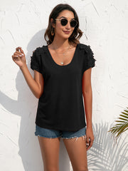 Black lace shoulder detail tee with scoop neck and short sleeves.