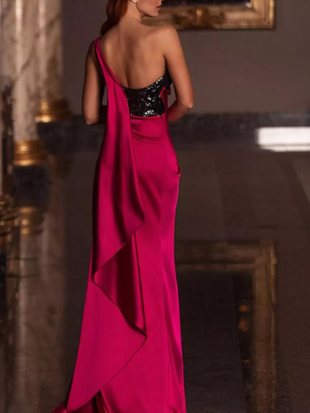 Red asymmetrical sequin bodice satin evening gown with draped detail