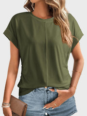 Moss green tee with seamed front and ruched sides, cuffed short sleeves.
