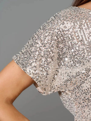 Shimmering sequin wide-leg jumpsuit with tie in Apricot Silver.