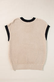 Beige knit cap sleeve top with black trim and crewneck.