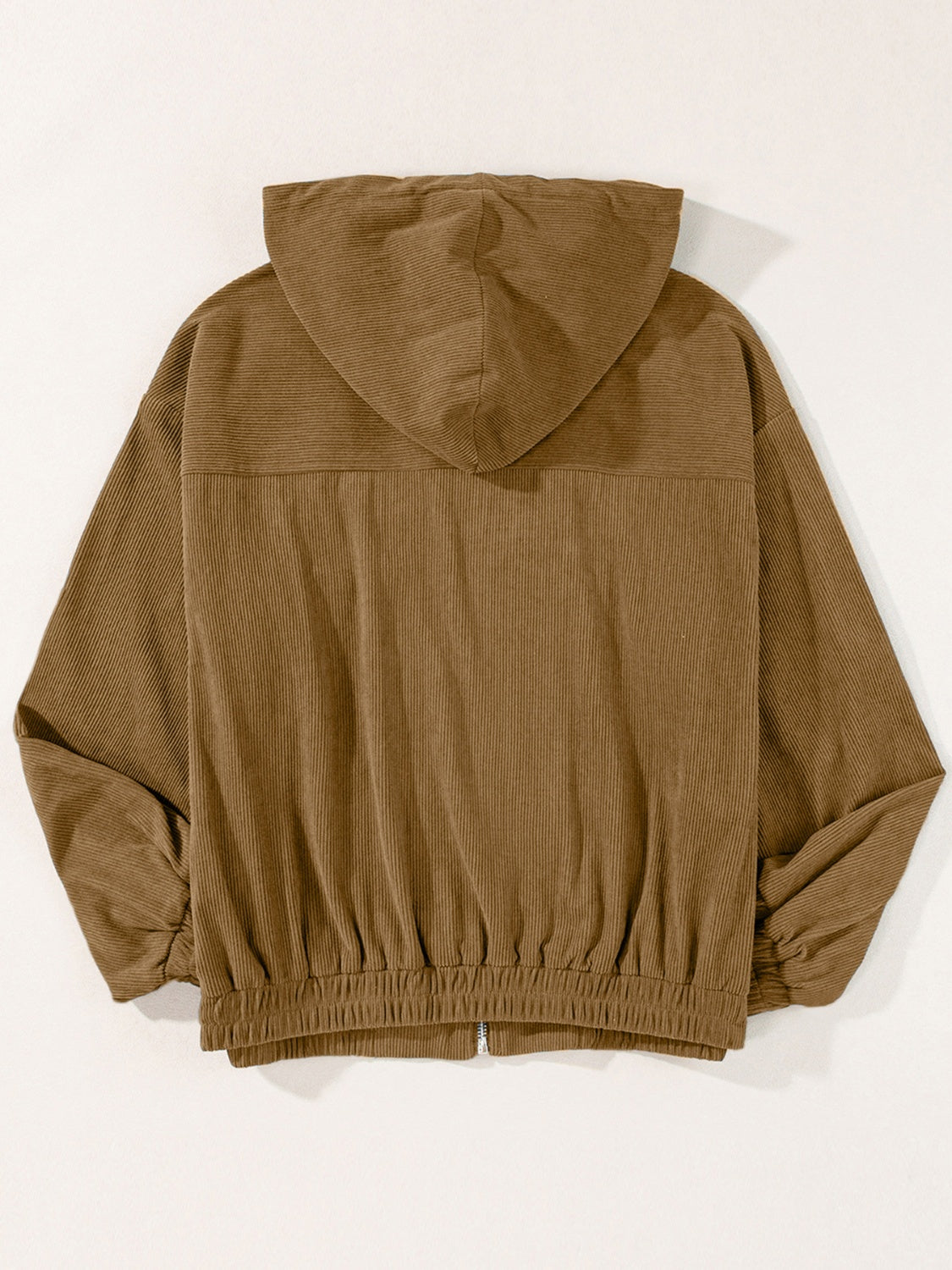 Camel corduroy relaxed fit zip-up hoodie with elastic cuffs and hem