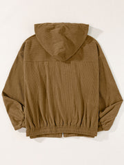 Camel corduroy relaxed fit zip-up hoodie with elastic cuffs and hem