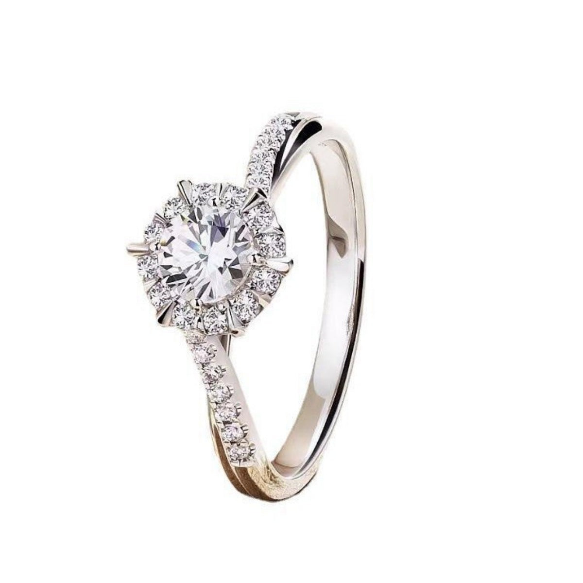 Brilliant Moissanite Halo Ring in 925 silver with a dazzling center stone and pave band.