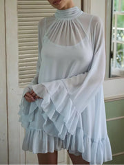 Sheer Mock Neck Flare Sleeve Dress in Sky Blue, front view