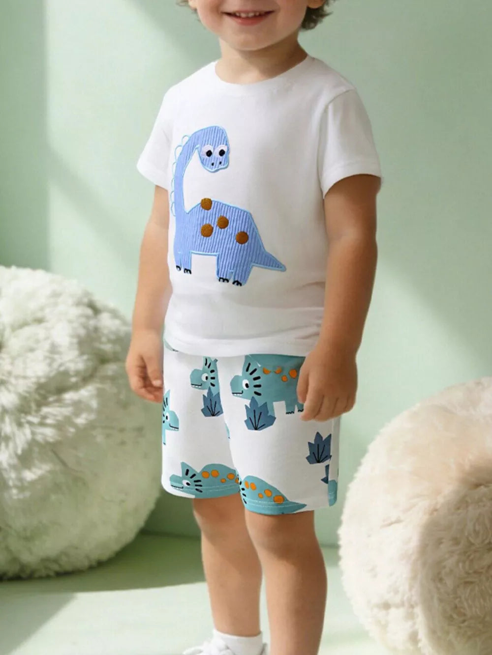 Toddler cotton blue dinosaur applique t-shirt and shorts set