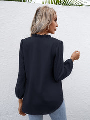 Dark blue Swiss dot sleeve gathered blouse with ruffled neckline.
