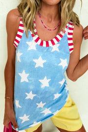 Starry tie-dye tank top with red and white striped trim and scoop neckline.