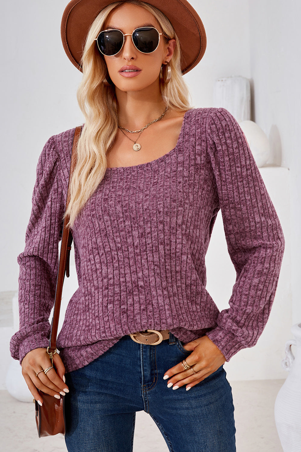 Puffed sleeve ribbed square neck top in red-violet.