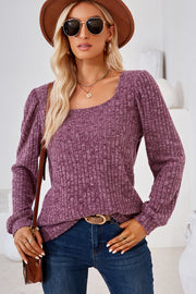 Puffed sleeve ribbed square neck top in red-violet.