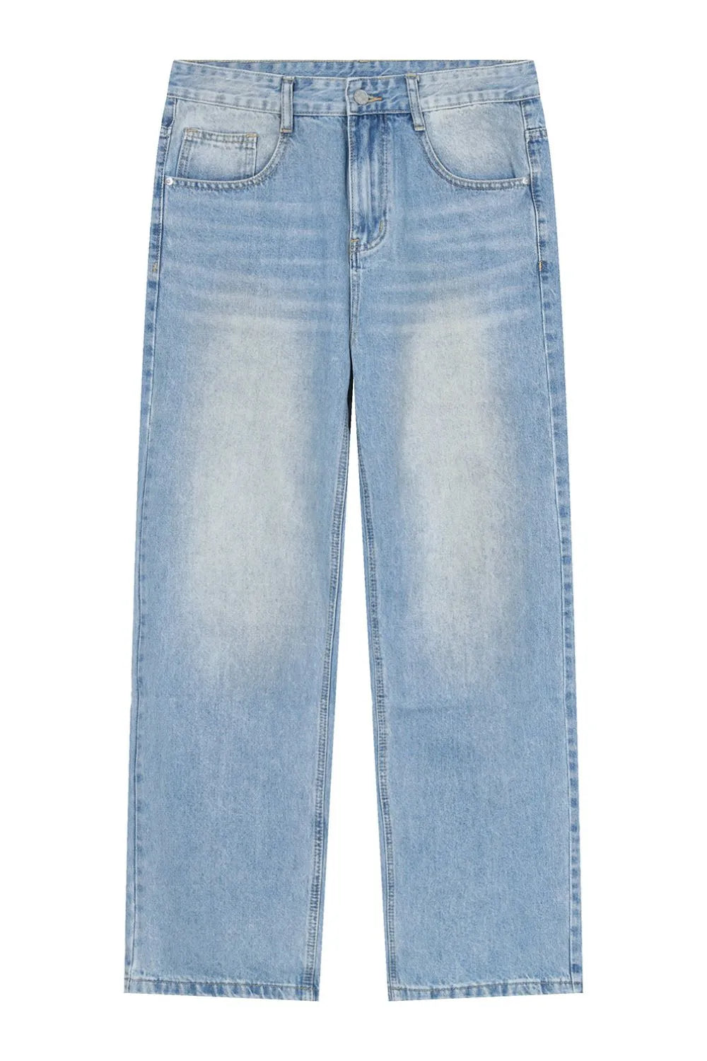 Faded wash relaxed fit jeans in medium blue denim with a straight leg cut.