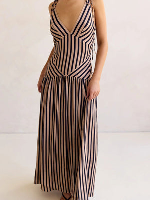 Tie-shoulder maxi dress with V-neck in brown and navy stripes, featuring adjustable straps.