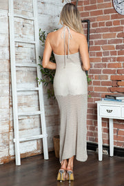 Cream crochet halter midi dress with open knit detail and tie back.