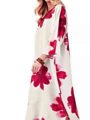 Floral Print Round Neck Dress in Blue, close-up detail