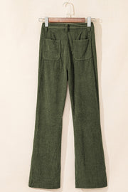 Olive corduroy flared leg trousers with two back pockets.