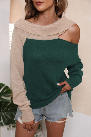 Asymmetric shoulder sweater in dark green and beige acrylic with boat neck.
