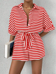 Red and white striped shirt romper with self-tie belt and button front.