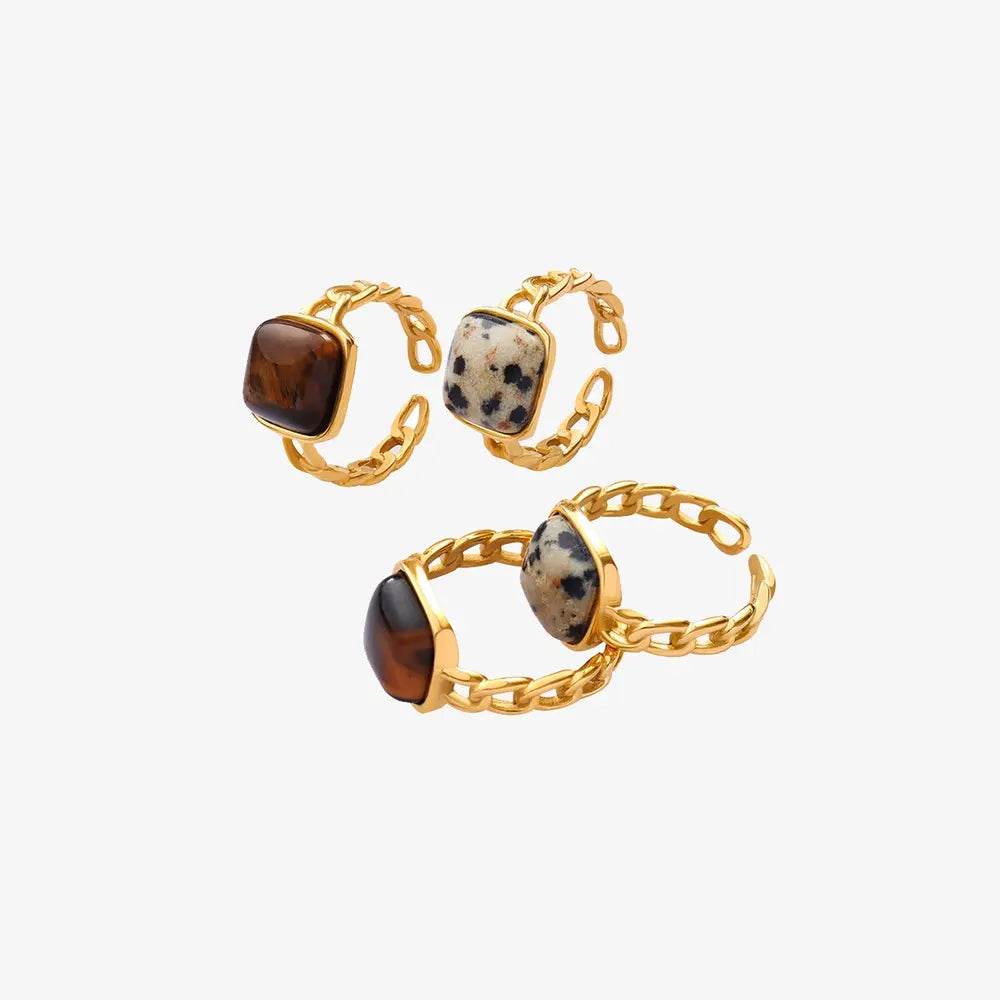 Gold chain rings with square natural stone and tiger's-eye gems