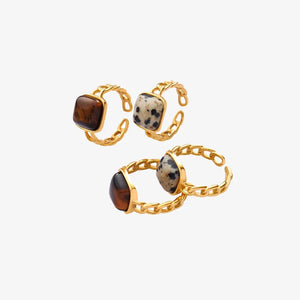 Gold chain rings with square natural stone and tiger's-eye gems