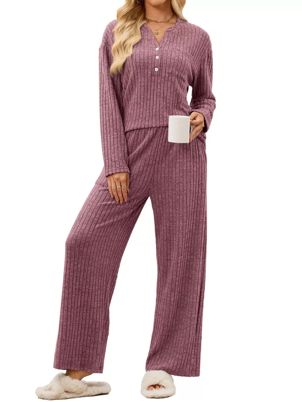 65% viscose, 30% polyester, 5% elastane Care instructions: Machine wash cold pajama set in Mauve with relaxed silhouette