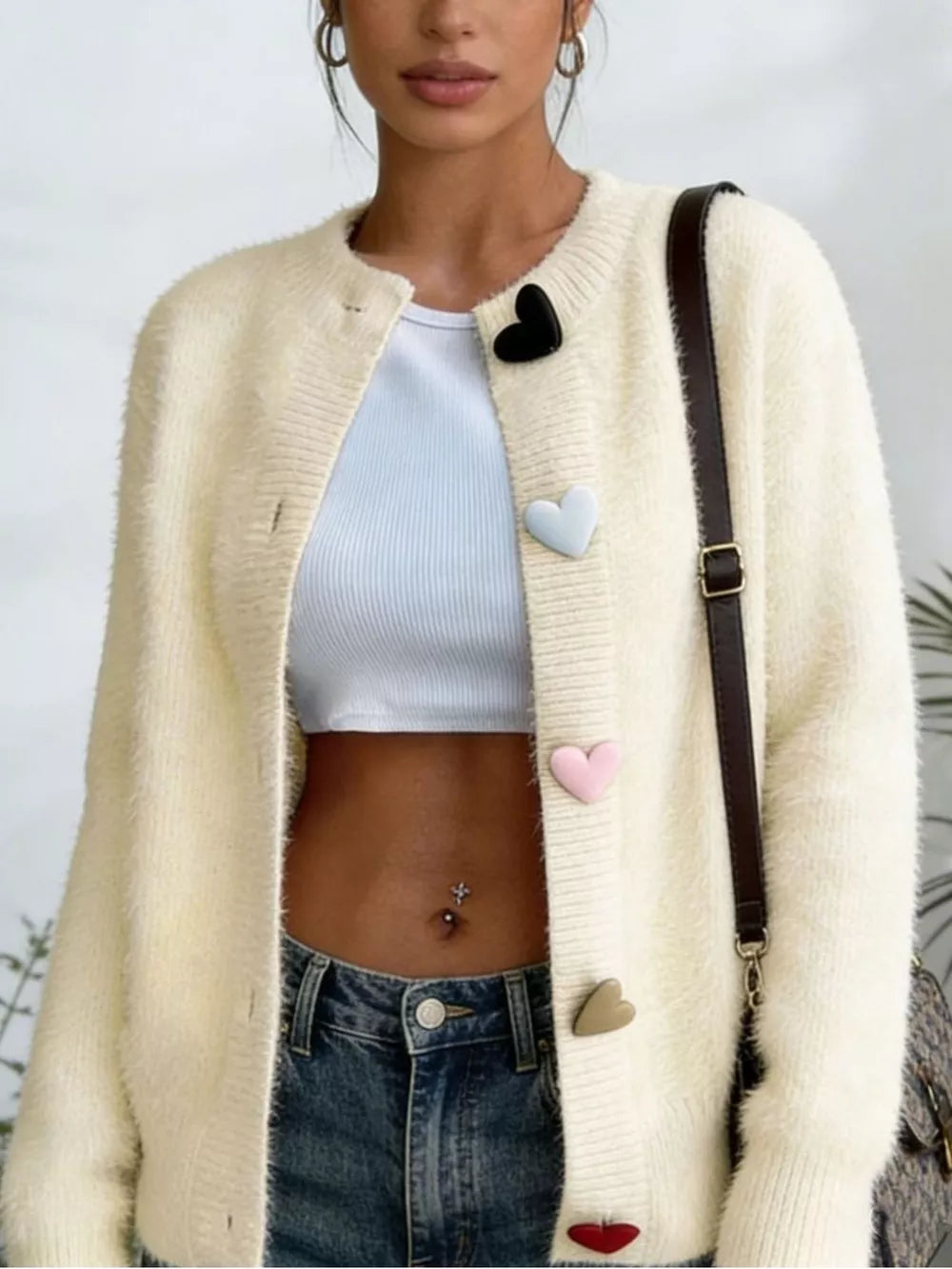 Heart Button Long Sleeve Cardigan Plus Size in Pink, side view