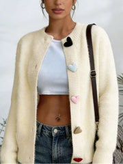 Heart Button Long Sleeve Cardigan Plus Size in Pink, side view