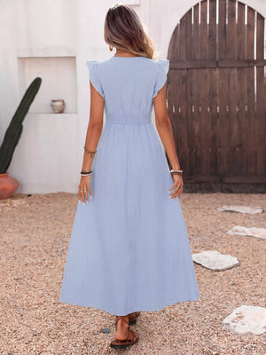 Blue striped midi dress with ruffled sleeves, button front, and belted waist.