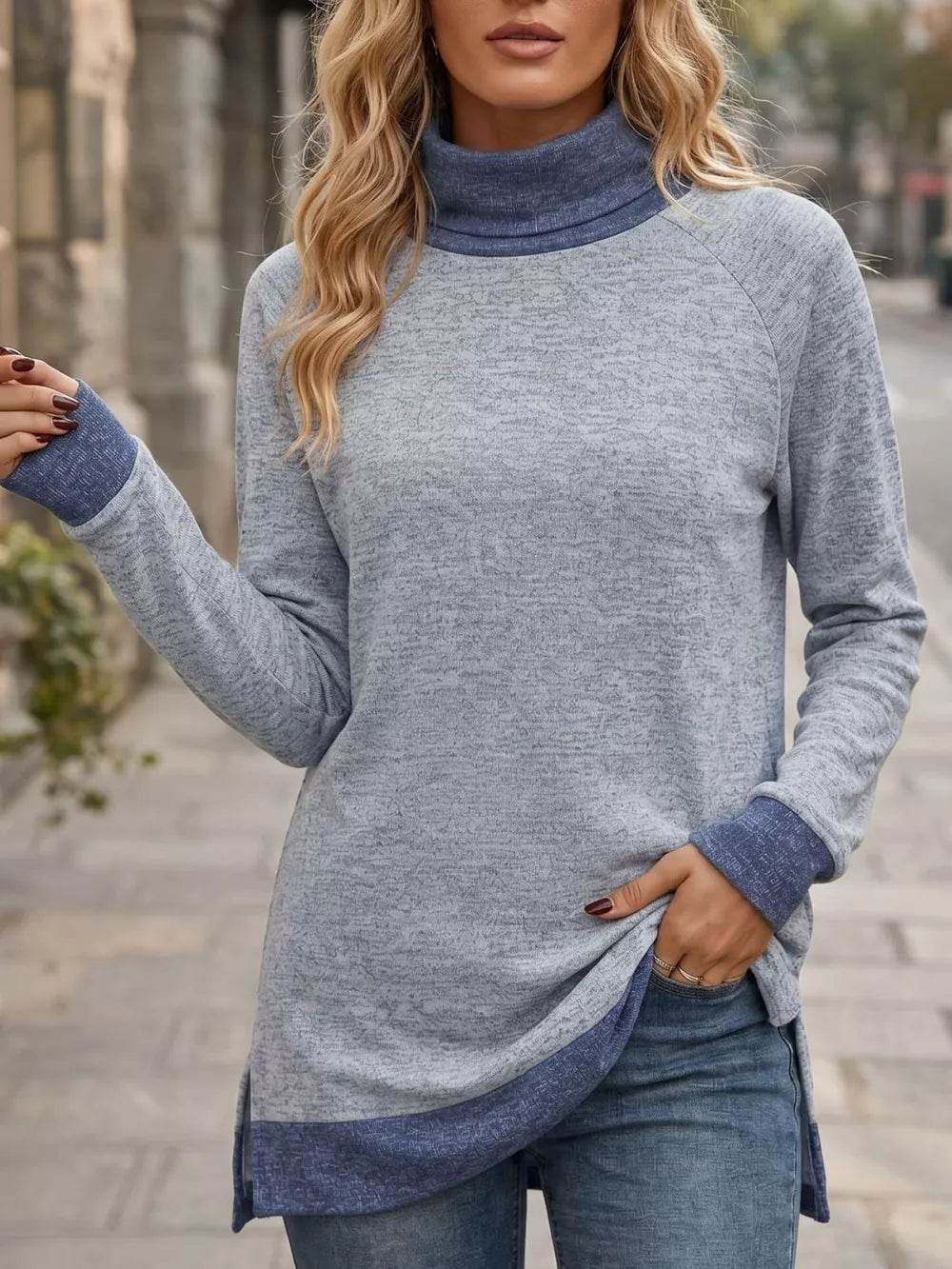 turtleneck sweater in oatmeal heather with raglan sleeve and tunic-length