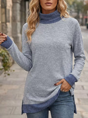 turtleneck sweater in oatmeal heather with raglan sleeve and tunic-length