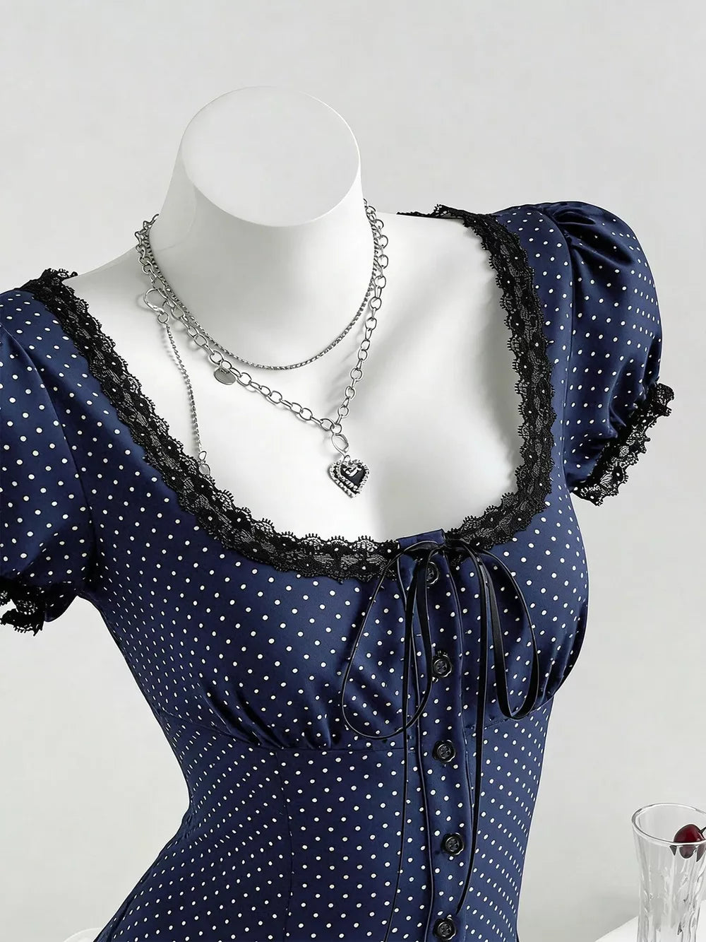 Polka Dot Lace Trim Puff Sleeve Top, product detail