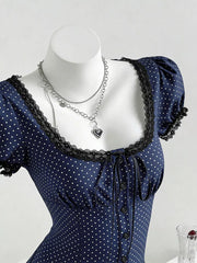 Polka Dot Lace Trim Puff Sleeve Top, product detail