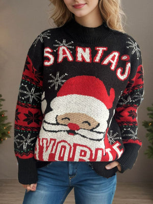 Black acrylic Santa graphic knit sweater with snowflake and stripe sleeve details.