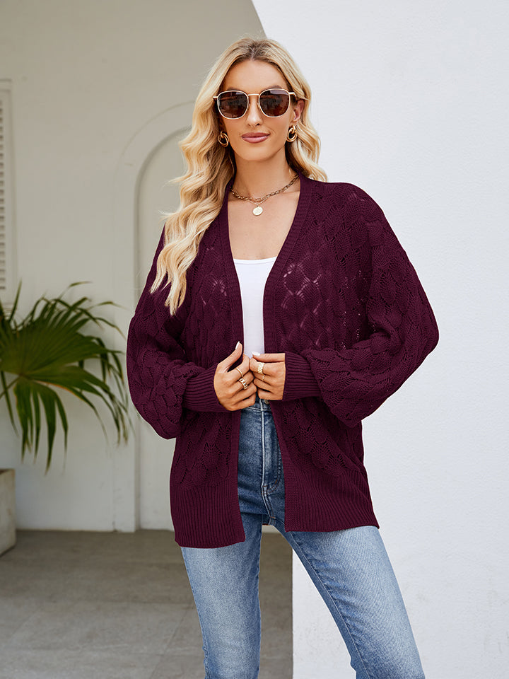 Wine open-knit balloon sleeve cardigan with diamond texture and ribbed cuffs.