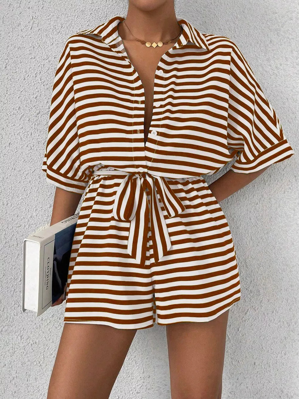 Striped Button Front Half Sleeve Romper in Dark Blue, view 12
