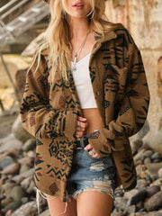 Brown Aztec sherpa overshirt jacket with button front and pocket detail.