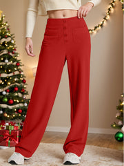 Button-front palazzo trousers in Deep Red with four button details and flap pockets.