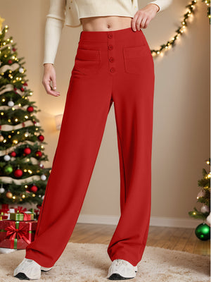 Button-front palazzo trousers in Deep Red with four button details and flap pockets.
