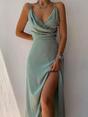 Sage draped V-neck maxi dress with spaghetti straps and a high side slit