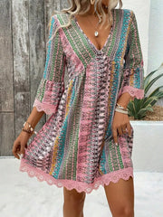 Bohemian printed pink v-neck dress with bell sleeves and lace trim