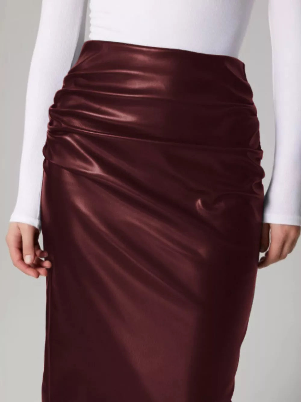 Burgundy high-waisted ruched leather midi skirt