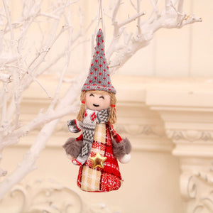 Festive plaid gnome ornament with red and white pattern, gray heart hat, and scarf.