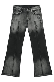 Dark faded flare jeans with front pleat detail and distressed accents.