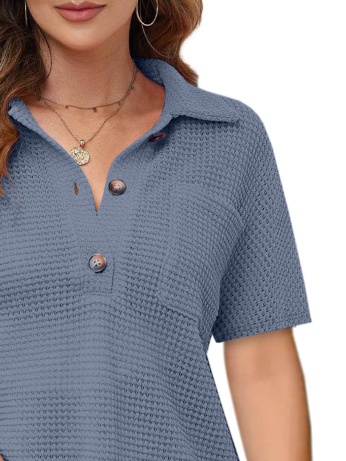 Dusty blue waffle knit polo shirt with button detail and collar