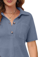 Dusty blue waffle knit polo shirt with button detail and collar