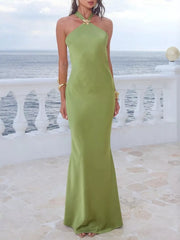 Elegant Halter Neck Satin Maxi Gown
