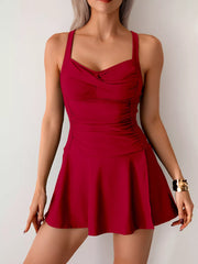 Wine Red one-piece swimsuit with twisted front and ruched sides.
