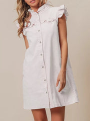 Pink denim dress with ruffled collar and cap sleeves, button-down front and pockets.