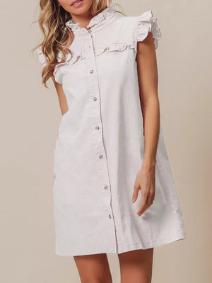Pink denim dress with ruffled collar and cap sleeves, button-down front and pockets.