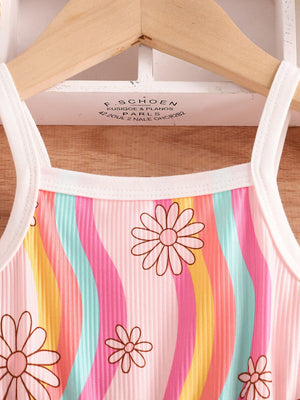 Baby jumpsuit with rainbow stripes and floral print, ribbed cotton fabric